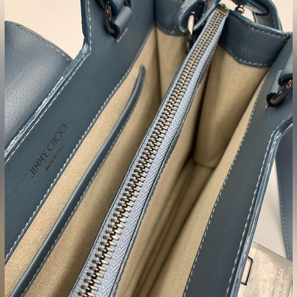 Auth Jimmy Choo Rebel Tote Raffia Suede Blue Dusk Front Clasp Handbag Preloved - Picture 13 of 14